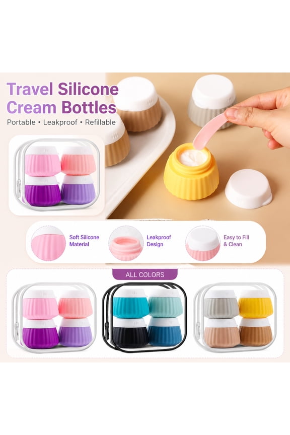 Travel Size Containers, Travel Size Toiletries Bottles, Silicone Containers, Clear Travel Bags for Toiletries, Reusable Portable 4 Pack Mini Refillable Silicone Jars for Skincare