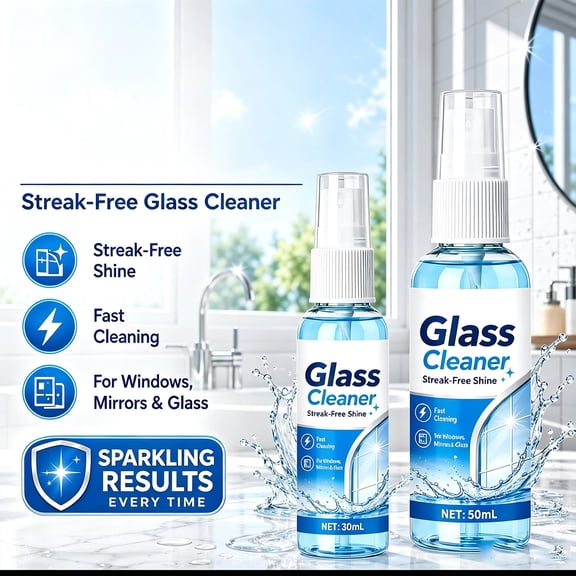 Travel Size Glass Cleaner Spray Streak Free Formula for Shower Glass Windows Mirrors Car Home Multi Surface Quick Drying