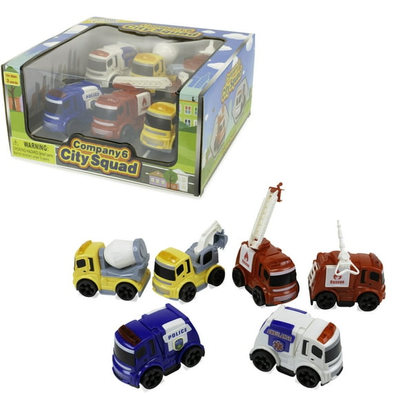 Travel Size Push and Go Play Set of 6 City Squad Police Car, Ambulance, Fire Truck Friction Car