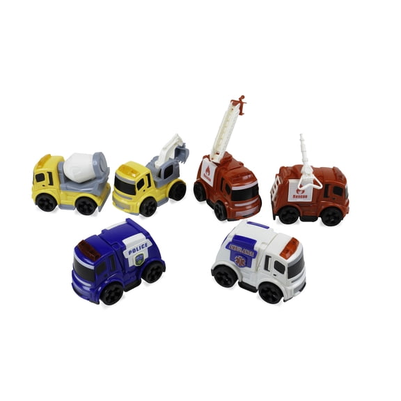 Travel Size Set of 6 City Squad (Police Car, Ambulance, Fire Truck) Friction Powered Toy Cars Push and Go Vehicles for Kids