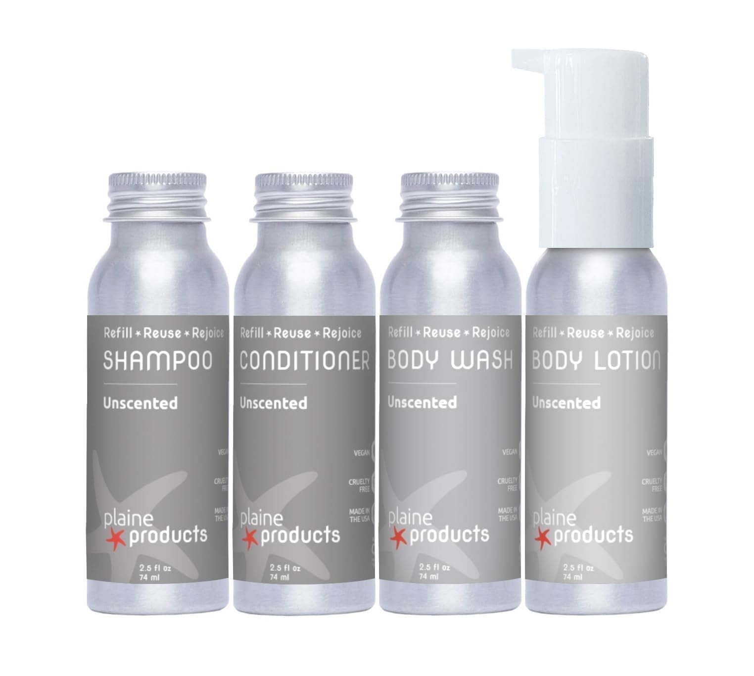 Plaine Products Travel Size Shampoo, Conditioner, Body Wash and Body Lotion - Unscented, Refillable Bottle, 2.5 oz