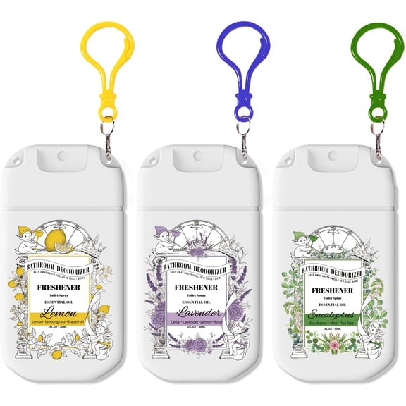 Travel Size Toilet Spray, Air Freshener Spray for Bathroom Deodorizer, Essentials Variety with Removable Hook - Lemon Lavender Eucalyptus Scent