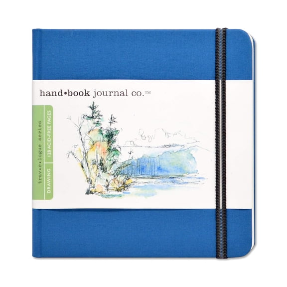Travelogue Artist Notebook, 5.5x5.5 Inch Hardcover Travel Sketchbook, Ultramarine Blue Canvas Cover, 128 GSM Acid Free Paper, 128 Sheets, Elastic Closure, Back Pocket, For Drawing, Sketching, Artists
