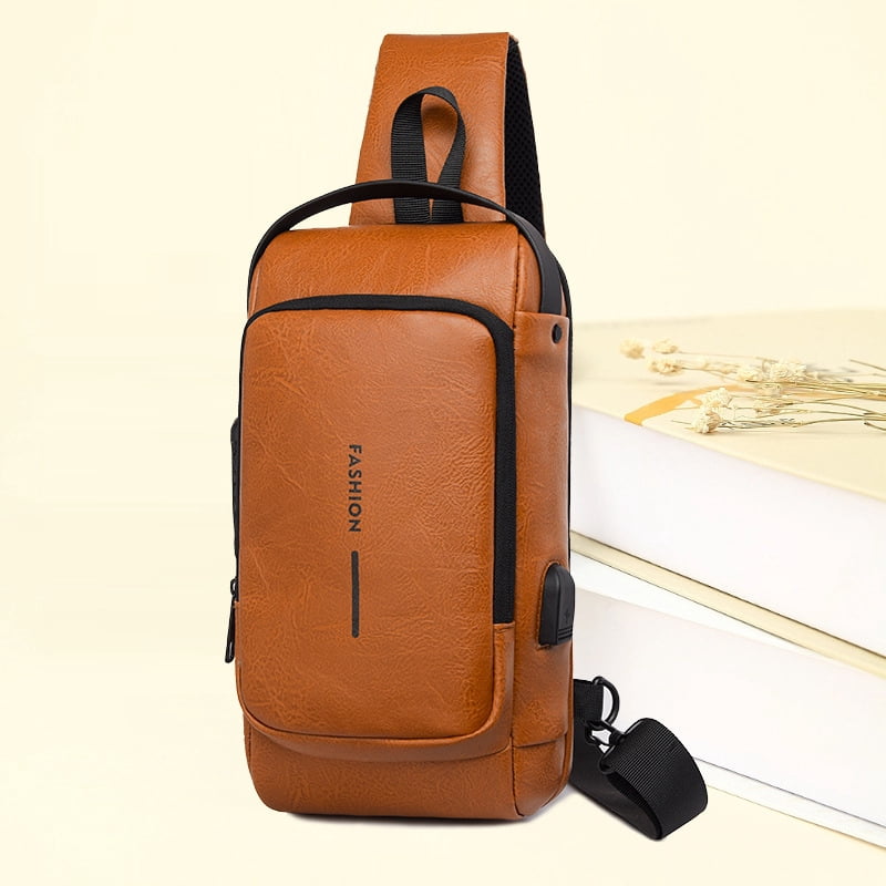 Travel Sling Bag Waterproof Crossbody Bag with Combination Lock Anti-Theft PU Leather Chest Bag with USB Charging Hole Shoulder Backpack Motorcycle Bags