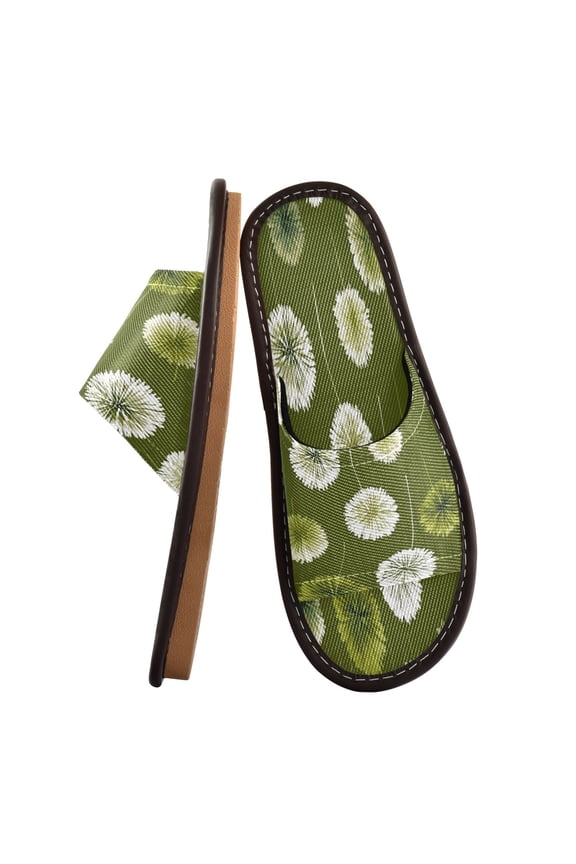 Travel Slippers for Women Men Lightweight Sandals Indoor Outdoor Slides Green Dandelions Pattern