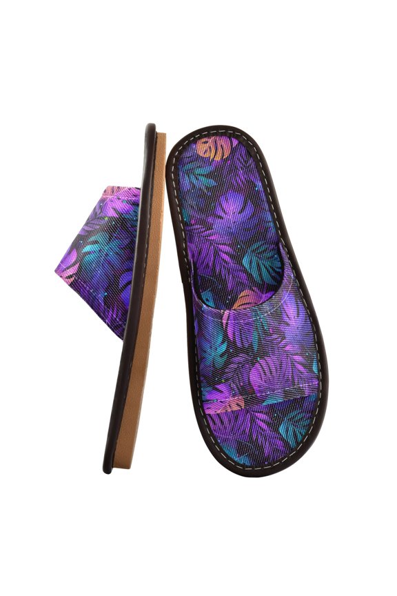 Travel Slippers for Women Men Lightweight Sandals Indoor Outdoor Slides Neon Palm Leaves Pattern