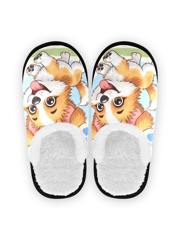 Travel Slippers for Women/Men, Plush Non-Slip House Slippers Diy Happy Puppy Printed Winter Slippers M