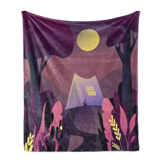 Travel Soft Flannel Fleece Blanket, Abstract Wildlife Camping in Dreamy Woods with Vivid Plants Full Moon Graphic Print, Cozy Plush for Indoor and Outdoor Use, 70" x 90", Multicolor, by Ambesonne