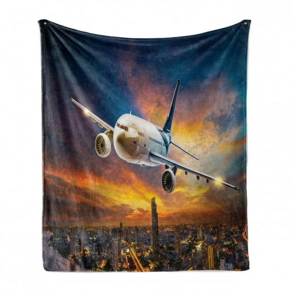 Travel Soft Flannel Fleece Blanket, Aerial View of Airport with Plane on the Air Night Scenery over City Sunset Image, Cozy Plush for Indoor and Outdoor Use, 50" x 60", Orange Blue, by Ambesonne