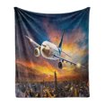 thumbnail image 1 of Travel Soft Flannel Fleece Blanket, Aerial View of Airport with Plane on the Air Night Scenery over City Sunset Image, Cozy Plush for Indoor and Outdoor Use, 70" x 90", Orange Blue, by Ambesonne, 1 of 5