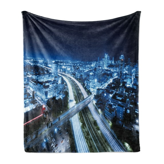 Travel Soft Flannel Fleece Blanket, Aerial View Tel Aviv Night Ayalon Highway City Life Modern Panorama Photo, Cozy Plush for Indoor and Outdoor Use, 60" x 80", Dark Blue Pale Blue, by Ambesonne