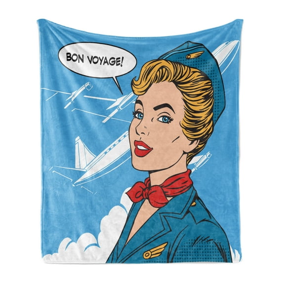 Travel Soft Flannel Fleece Blanket, Bon Voyage Stewardess Airplane Travel Tourism Pop Art Retro Style Aviation Transport, Cozy Plush for Indoor and Outdoor Use, 50" x 70", Multicolor, by Ambesonne