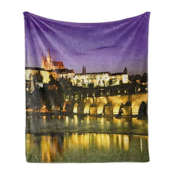 Travel Soft Flannel Fleece Blanket, Charles Bridge Prague Czech Republic European Famous Landmark Castle View, Cozy Plush for Indoor and Outdoor Use, 70" x 90", Purple Yellow Brown, by Ambesonne