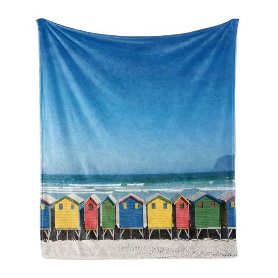 Travel Soft Flannel Fleece Blanket, Colorful Bathhouses at Muizenberg Cape Town South Africa Standing in a Row Touristic, Cozy Plush for Indoor and Outdoor Use, 70" x 90", Multicolor, by Ambesonne