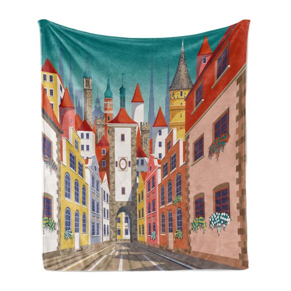 Travel Soft Flannel Fleece Blanket, Colorful Pattern of Historic European Medieval Urban City with Houses and Alley, Cozy Plush for Indoor and Outdoor Use, 60" x 80", Teal Multicolor, by Ambesonne