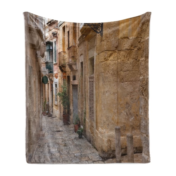 Travel Soft Flannel Fleece Blanket, Old Narrow Street European Town in Vittoriosa Malta Historical Architecture Country, Cozy Plush for Indoor and Outdoor Use, 50" x 70", Sand Brown, by Ambesonne