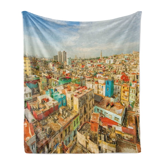 Travel Soft Flannel Fleece Blanket, Panorama of Havana City Vedado District in Cuba Old Colorful Houses Historic Place, Cozy Plush for Indoor and Outdoor Use, 70" x 90", Multicolor, by Ambesonne