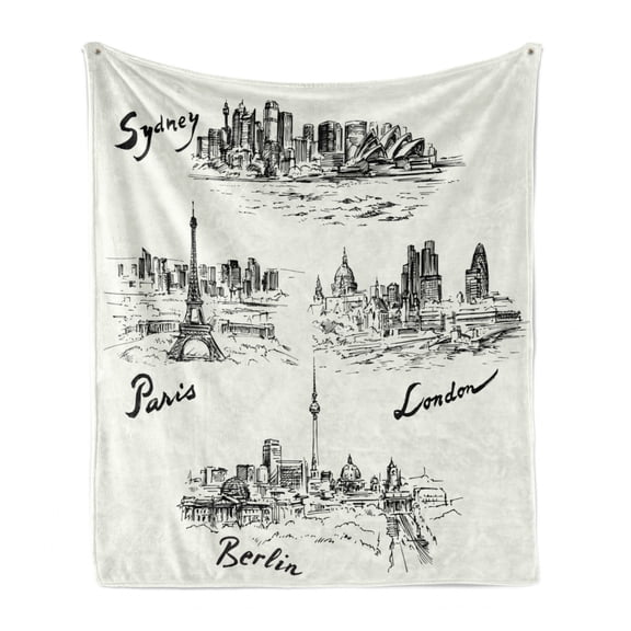 Travel Soft Flannel Fleece Blanket, Silhouettes of Different Popular Cities in World Paris Sidney Berlin London Print, Cozy Plush for Indoor and Outdoor Use, 50" x 60", Cream Black, by Ambesonne