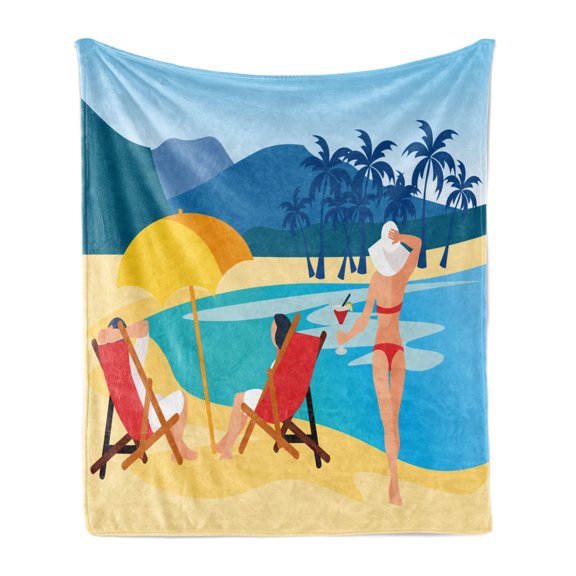 Travel Soft Flannel Fleece Blanket, Summer Vacation Themed Cartoon of People Relaxing on the Beach Tropical Ocean Print, Cozy Plush for Indoor and Outdoor Use, 50" x 60", Multicolor, by Ambesonne