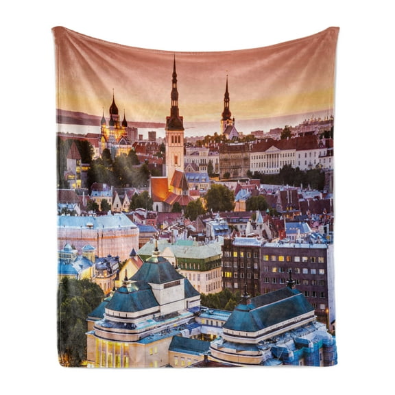 Travel Soft Flannel Fleece Blanket, Tallinn Estonia Old City with Aerial View Dusk Sunset Buildings Tourist Attraction, Cozy Plush for Indoor and Outdoor Use, 60" x 80", Multicolor, by Ambesonne