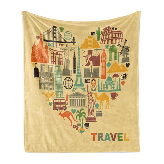 Travel Soft Flannel Fleece Throw Blanket, Architectural Monument Silhouette of the World in the Shape of a Heart Print, Cozy Plush for Indoor and Outdoor Use, 60" x 80", Multicolor, by Ambesonne