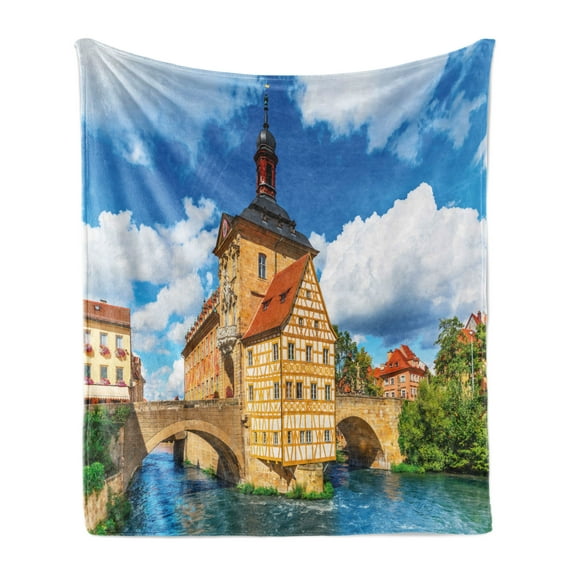 Travel Soft Flannel Fleece Throw Blanket, City Hall Building in the Bamberg Germany European Historical Townscape Sunny Day, Cozy Plush for Indoor and Outdoor Use, 50" x 70", Multicolor, by Ambesonne