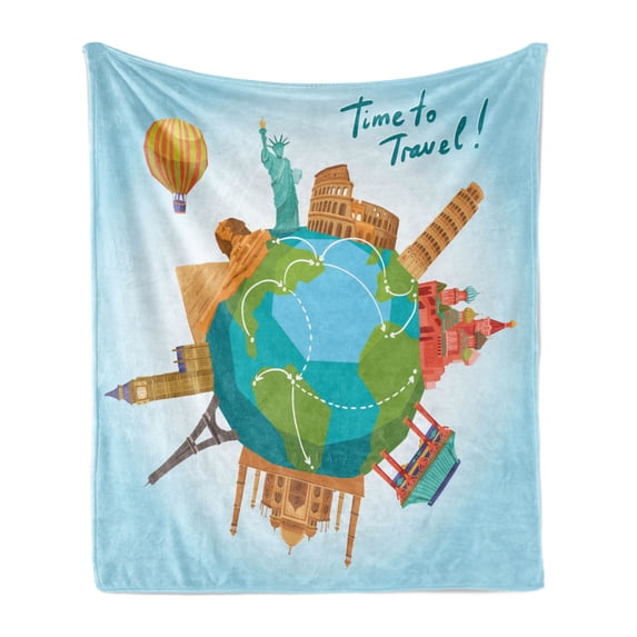 Travel Soft Flannel Fleece Throw Blanket, Travel Concept with World Landmarks Around the Globe Hot Air Balloon Illustration, Cozy Plush for Indoor and Outdoor Use, 50" x 60", Multicolor, by Ambesonne