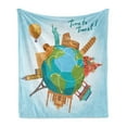 thumbnail image 1 of Travel Soft Flannel Fleece Throw Blanket, Travel Concept with World Landmarks Around the Globe Hot Air Balloon Illustration, Cozy Plush for Indoor and Outdoor Use, 70" x 90", Multicolor, by Ambesonne, 1 of 6