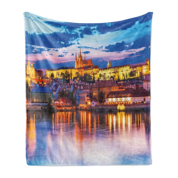 Travel Soft Flannel Fleece Throw Blanket, Evening in the Prague Czech Republic St.Vitus Historical Architecture, Cozy Plush for Indoor and Outdoor Use, 50" x 60", Multicolor, by Ambesonne