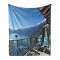 thumbnail image 1 of Travel Soft Flannel Fleece Throw Blanket, Long Seats in Terrace with Lake Sea View Summer Holiday Theme Art Print, Cozy Plush for Indoor and Outdoor Use, 60" x 80", Blue White and Green, by Ambesonne, 1 of 6