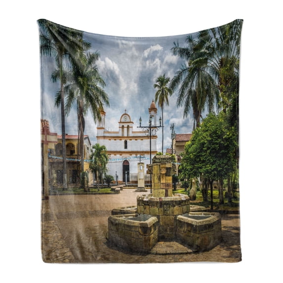 Travel Soft Flannel Fleece Throw Blanket, Main Square of Copan Ruinas City Honduras Central America Mayan Town with Palms, Cozy Plush for Indoor and Outdoor Use, 60" x 80", Multicolor, by Ambesonne