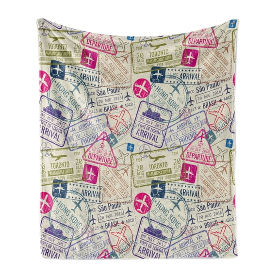 Travel Soft Flannel Fleece Throw Blanket, Passport and Visa Stamps Illustration of Toronto Hong Kong Berlin Print, Cozy Plush for Indoor and Outdoor Use, 50" x 70", Eggshell and Pink, by Ambesonne