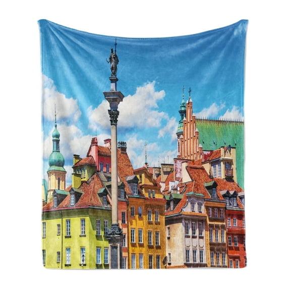 Travel Soft Flannel Fleece Throw Blanket, Scenic Summer Castle Square Sigismund Column Old Town in the Warsaw Poland, Cozy Plush for Indoor and Outdoor Use, 50" x 60", Multicolor, by Ambesonne