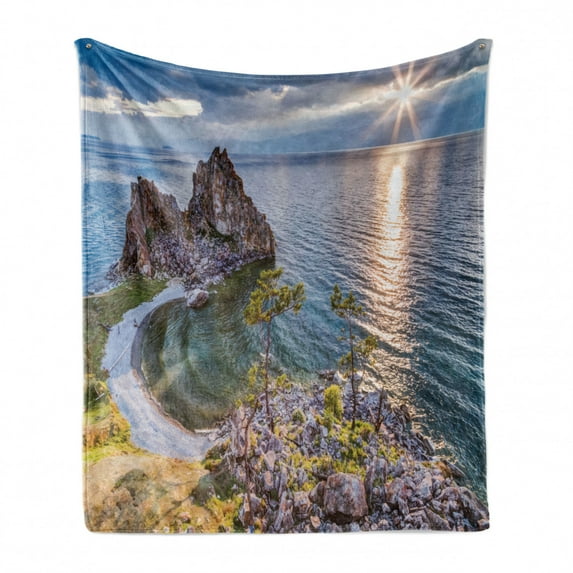 Travel Soft Flannel Fleece Throw Blanket, Shaman Rock Lake Baikal in Russia Coastal Theme Sun Rays Scenic Vista Print, Cozy Plush for Indoor and Outdoor Use, 50" x 60", Green Brown Blue, by Ambesonne