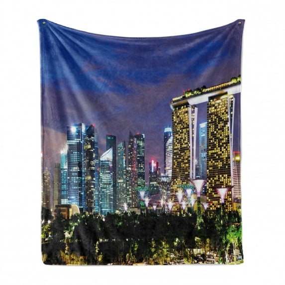 Travel Soft Flannel Fleece Throw Blanket, Singapore Cityscape at the Night Modern Architecture Urban Life East Landmark, Cozy Plush for Indoor and Outdoor Use, 60" x 80", Multicolor, by Ambesonne