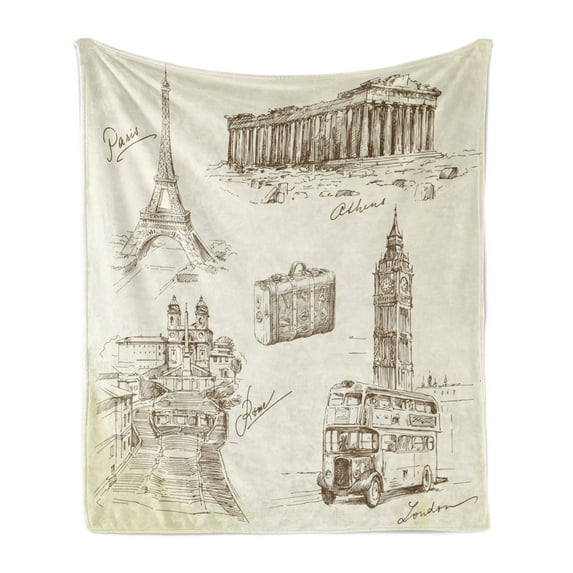Travel Soft Flannel Fleece Throw Blanket, Sketch Art Group of Travel over European Landmarks and Vintage Style Suitcase, Cozy Plush for Indoor and Outdoor Use, 60" x 80", Brown Cream, by Ambesonne