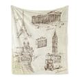 thumbnail image 1 of Travel Soft Flannel Fleece Throw Blanket, Sketch Art Group of Travel over European Landmarks and Vintage Style Suitcase, Cozy Plush for Indoor and Outdoor Use, 70" x 90", Brown Cream, by Ambesonne, 1 of 5