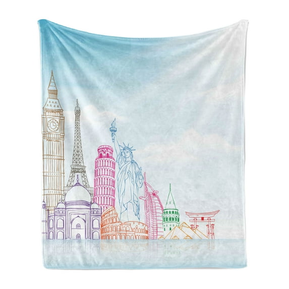 Travel Soft Flannel Fleece Throw Blanket, Sky Blue Backgrounded Image of European Cities Landmarks Colorful Artwork Print, Cozy Plush for Indoor and Outdoor Use, 50" x 60", Multicolor, by Ambesonne