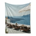 thumbnail image 1 of Travel Soft Flannel Fleece Throw Blanket, Sunbathing with Caldera View Terrace Santorini Aegean Greece Art Print, Cozy Plush for Indoor and Outdoor Use, 60" x 80", Blue White and Green, by Ambesonne, 1 of 6