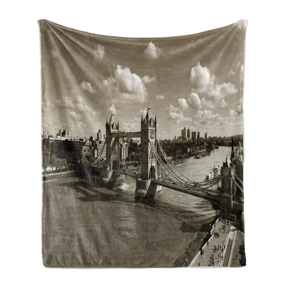 Travel Soft Flannel Fleece Throw Blanket, Tower Bridge in London City Cloudy Sky Old Historic Cityscape Nostalgia England, Cozy Plush for Indoor and Outdoor Use, 60" x 80", Sepia White, by Ambesonne