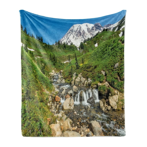 Travel Soft Flannel Fleece Throw Blanket, View of Edith Creek Mount Rainier National Park Calming Setting for a Vacation, Cozy Plush for Indoor and Outdoor Use, 50" x 60", Multicolor, by Ambesonne
