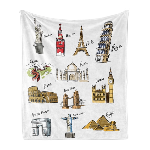 Travel Soft Flannel Fleece Throw Blanket, World Famous Landmarks Architecture Monuments Tourism Touristic Places and Names, Cozy Plush for Indoor and Outdoor Use, 50" x 60", Multicolor, by Ambesonne