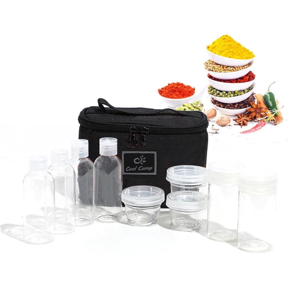 Travel Spice Bottle Kit, Camping Portable Compact Sauce Containers with 9 Seasoning Bottles Jar for Salt Sugar Dry Herb Spice, Great for Home or Outdoor Use