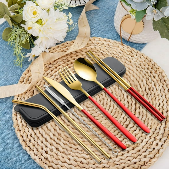 Travel Stainless Steel Utensils Set with Case – 7-Piece Reusable Flatware Kit Includes Fork, Knife, Spoon, Chopsticks, Straws – Portable Cutlery for Camping, Work, Picnic (Red)