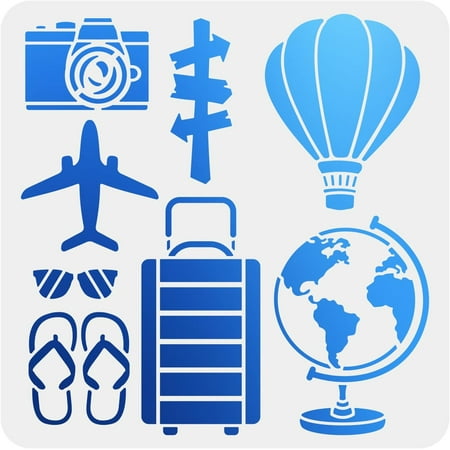 Travel Stencil Travel Theme Drawing Stencils 11.8×11.8inch Camera Aircraft Trunk Slipper Sunglasses Globe Guidepost Pattern Painting on Wall Furniture Cloths Crafts Mixed Color