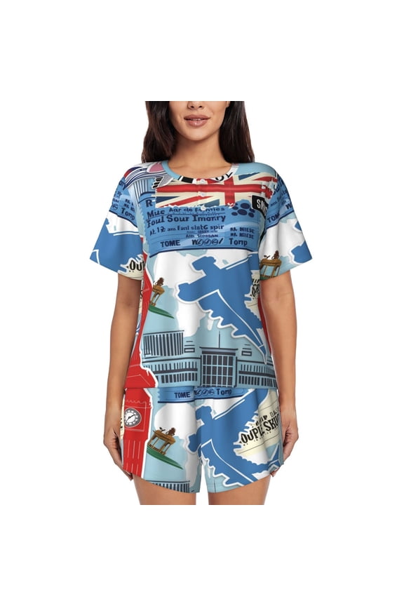 Travel Sticker (15) Womens Pajamas Short Set Soft Short Sleeve Sleepwear Button Down Pjs Set with Pockets S XXL Small
