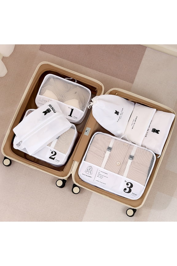 Travel Storage 7-Piece Travel Luggage Organizer Set with Laundry Bag and Shoe Bag White Mesh Packing Cubes for Clothes NCHKUN