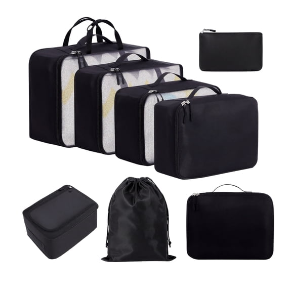 Travel Storage Bags Set, 8-Pack Packing Organizer Pouches, Waterproof Foldable Luggage Organizers For Clothes Accessories Toiletries(Black)