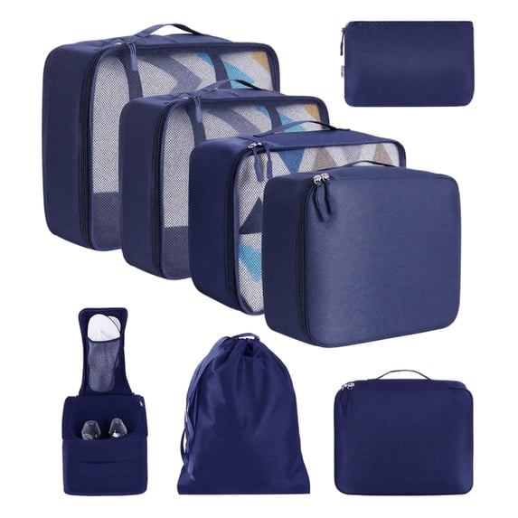 Travel Storage Bags Set, 8-Pack Packing Organizer Pouches, Waterproof Foldable Luggage Organizers For Clothes Accessories Toiletries(Navy)