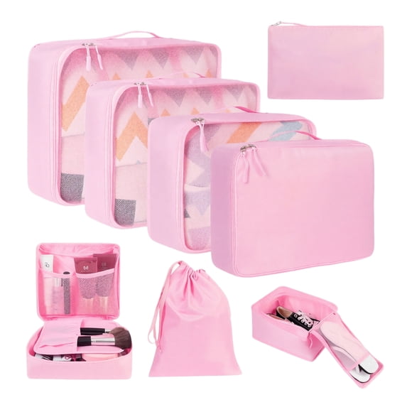 Travel Storage Bags Set, 8-Pack Packing Organizer Pouches, Waterproof Foldable Luggage Organizers For Clothes Accessories Toiletries(Pink)
